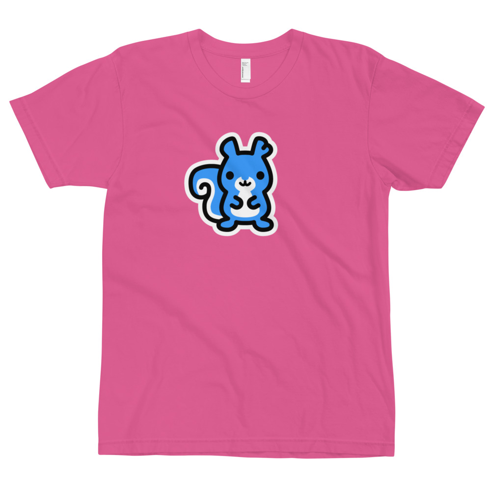 a fuchsia t-shirt with a cute blue Ma Squirrel logo. Designed by Kenny Velez.