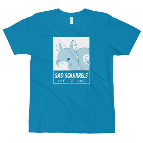 blue t-shirt with anime Sad Squirrels drawing and Japanese writing