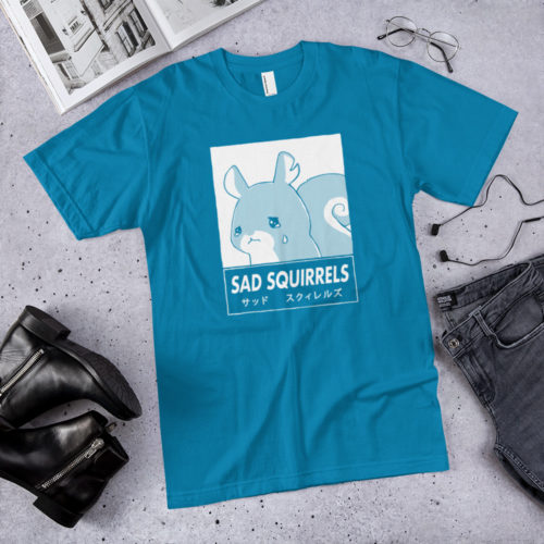 blue t-shirt with anime Sad Squirrels drawing and Japanese writing