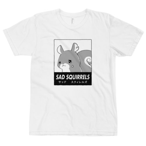 White t-shirt with anime Sad Squirrels drawing and Japanese writing