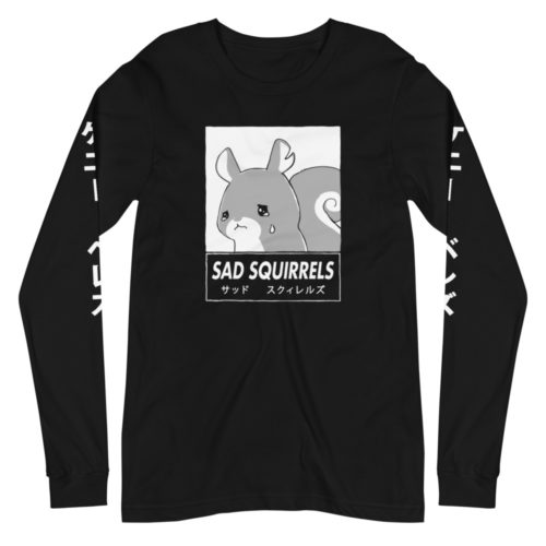 Black long sleeve shirt with anime Sad Squirrels drawing and Japanese writing