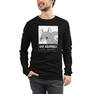 A guy wearing a Black long sleeve shirt with anime Sad Squirrels drawing and Japanese writing