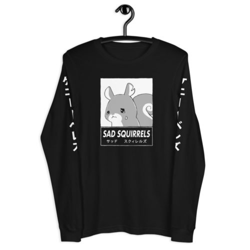 Black long sleeve shirt with anime Sad Squirrels drawing and Japanese writing