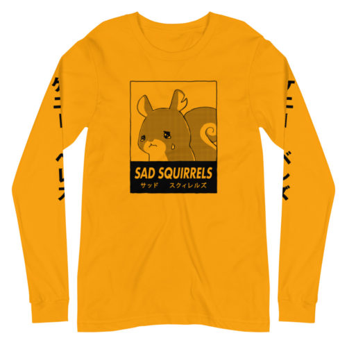 yellow long sleeve shirt with anime Sad Squirrels drawing and Japanese writing