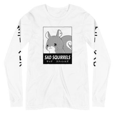 White long sleeve shirt with anime Sad Squirrels drawing and Japanese writing