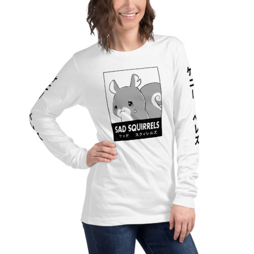 a girl wearing a White long sleeve shirt with anime Sad Squirrels drawing and Japanese writing