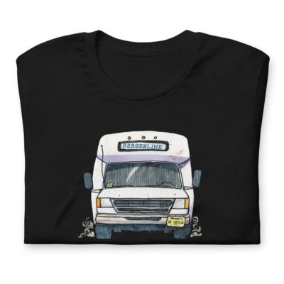 A black t-shirt with a drawing of a Bergenline jitney dollar bus from Union City, NJ. Designed by Kenny Velez