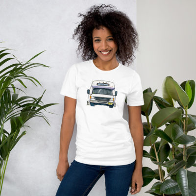 A girl wearing A white t-shirt with a drawing of a Bergenline jitney dollar bus from Union City, NJ. Designed by Kenny Velez