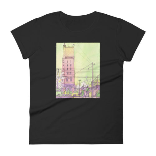 a black women's t-shirt of a watercolor illustration of the Weehawken water tower from Union City. By Kenny Velez