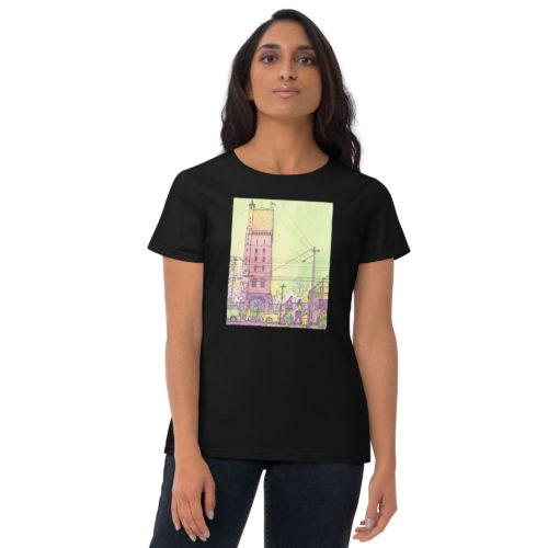 a girl wearing a black women's t-shirt of a watercolor illustration of the Weehawken water tower from Union City on the floor. By Kenny Velez