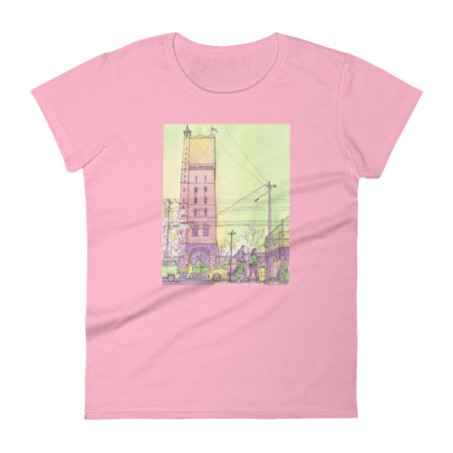 a pink women's t-shirt of a watercolor illustration of the Weehawken water tower from Union City. By Kenny Velez