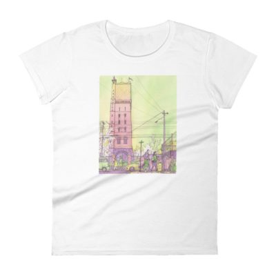 a white women's t-shirt of a watercolor illustration of the Weehawken water tower from Union City. By Kenny Velez