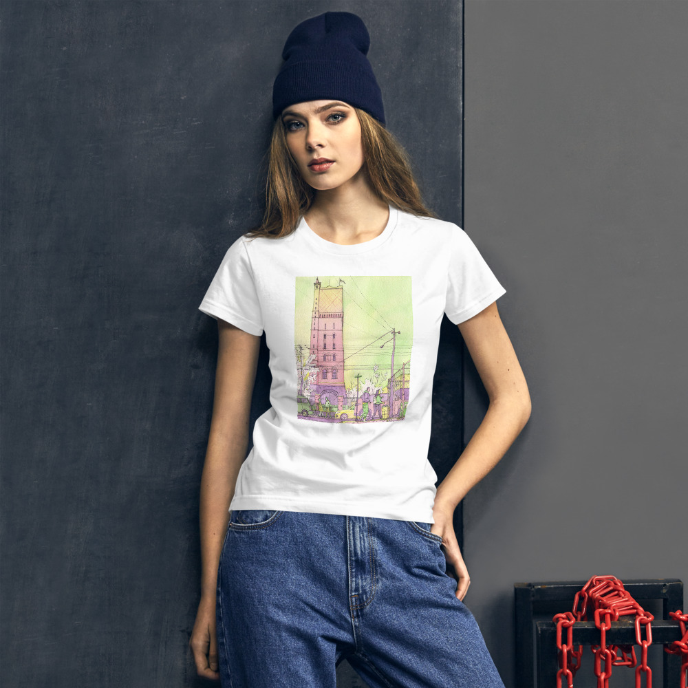 a girl wearing a white women's t-shirt of a watercolor illustration of the Weehawken water tower from Union City on the floor. By Kenny Velez