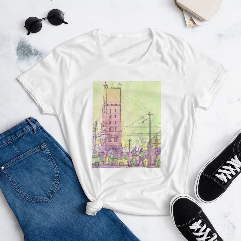 a white women's t-shirt of a watercolor illustration of the Weehawken water tower from Union City on the floor. By Kenny Velez
