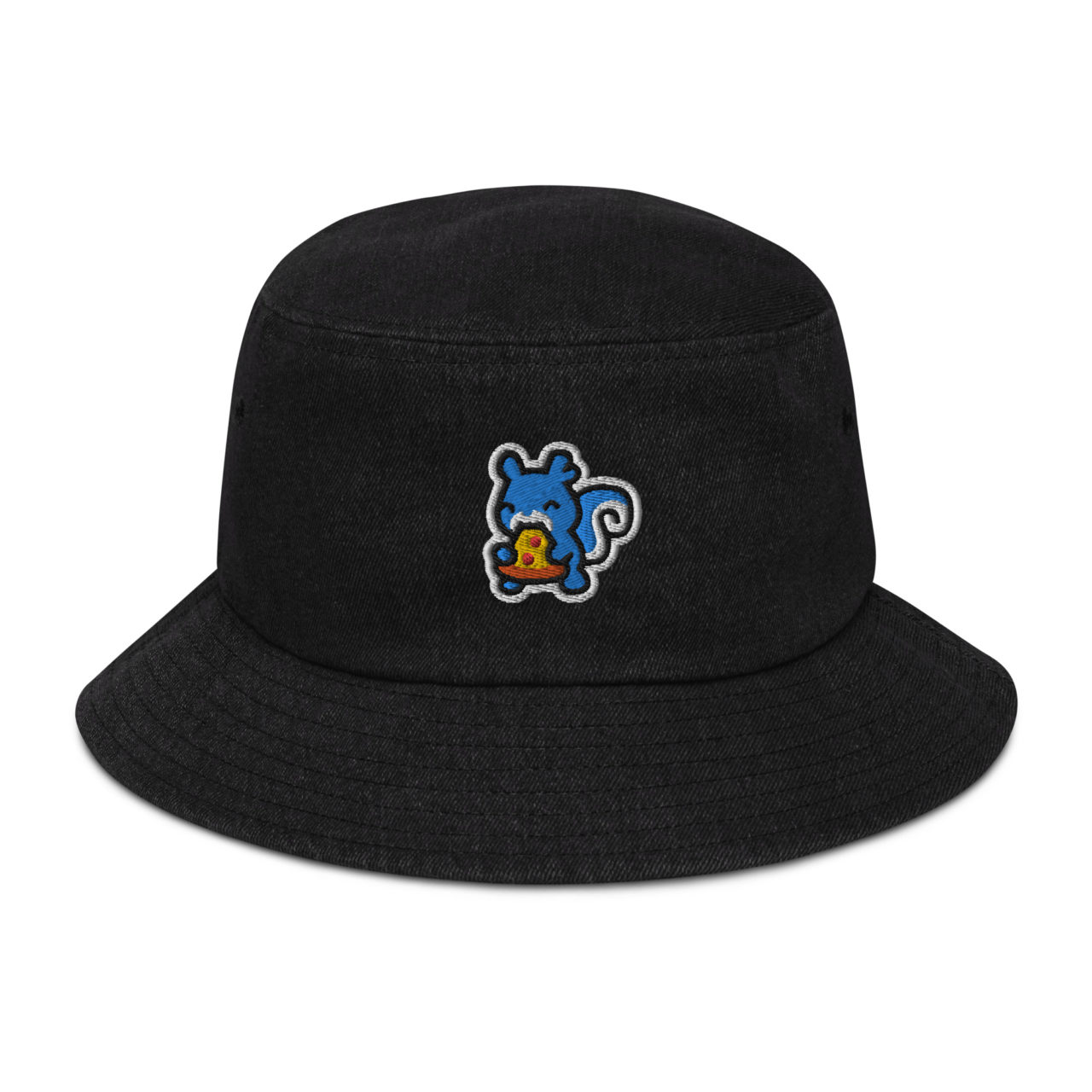 Black Denim bucket hat with a squirrel eating a slice of pizza