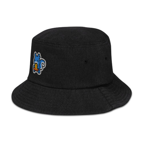 Black Denim bucket hat with a squirrel eating a slice of pizza