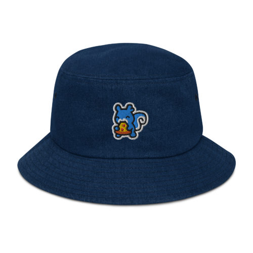 Blue Denim bucket hat with a squirrel eating a slice of pizza