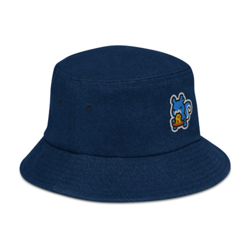 Blue Denim bucket hat with a squirrel eating a slice of pizza