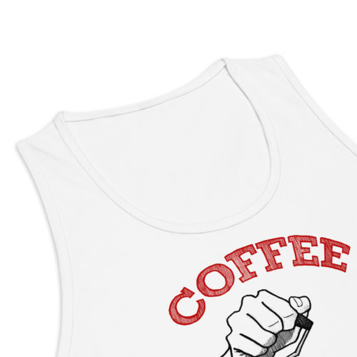 A white tank top with a drawing of hands using a handheld coffee grinder with the words COFFEE EMBRACE THE GRIND. Designed by Kenny Velez