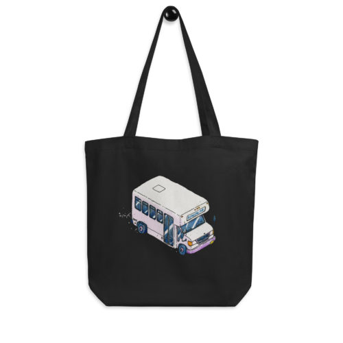 A tote bag with an illustration of a Bergenline jitney dollar bus from Union City, NJ. Designed by Kenny Velez