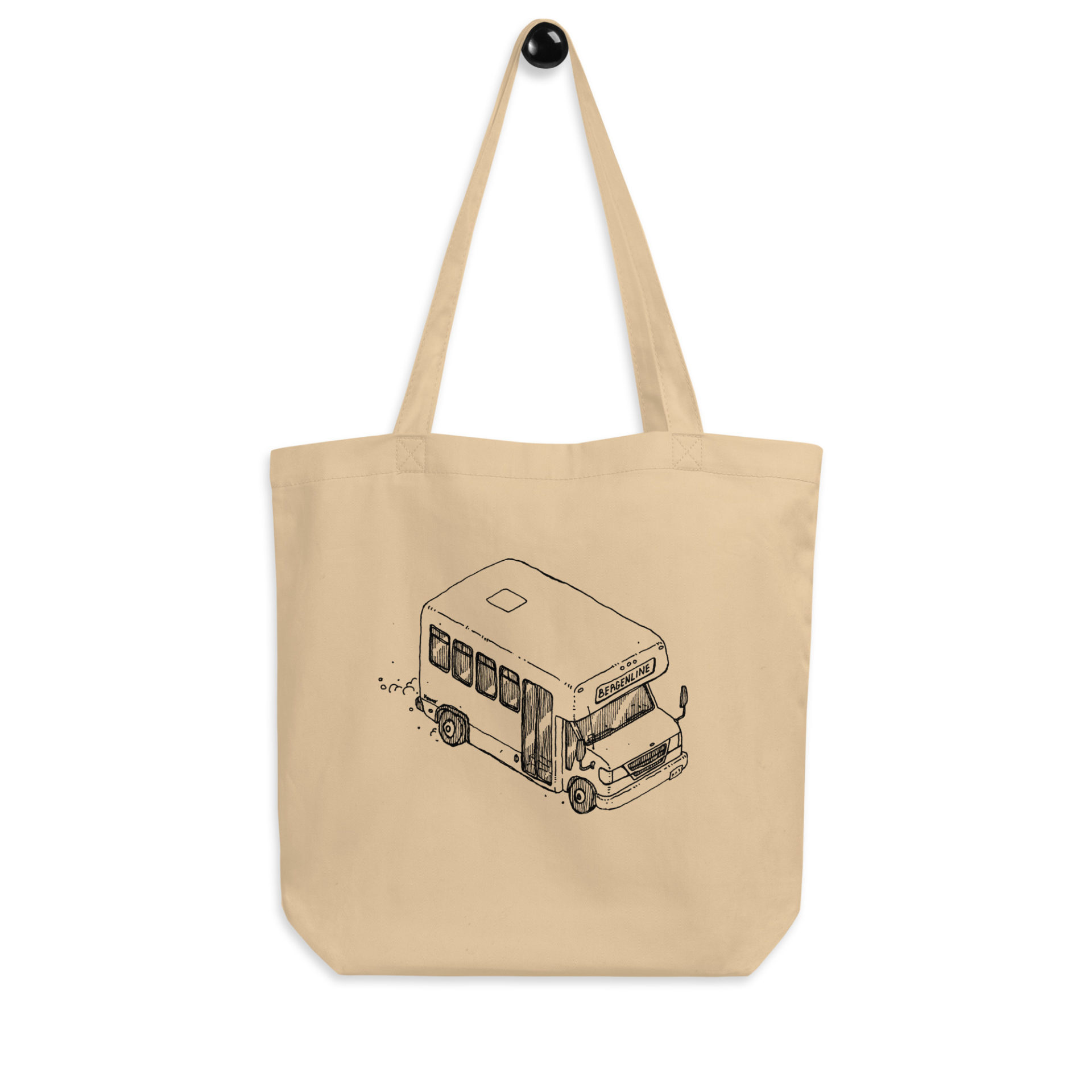 A tote bag with an ink drawing of a Bergenline jitney dollar bus from Union City, NJ. Designed by Kenny Velez