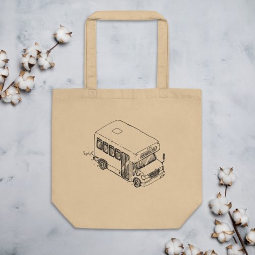 A tote bag with an ink drawing of a Bergenline jitney dollar bus from Union City, NJ. Designed by Kenny Velez