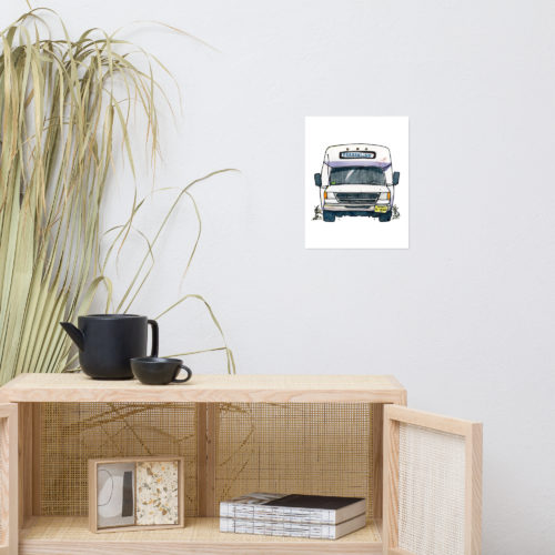 an illustration of a Bergenline jitney dollar bus from Union City, NJ over a shelf. Designed by Kenny Velez