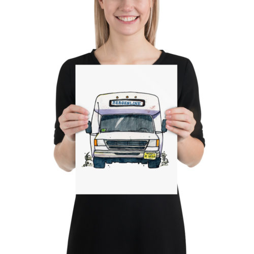 A woman holding a print of an illustration of a Bergenline jitney dollar bus from Union City, NJ. Designed by Kenny Velez