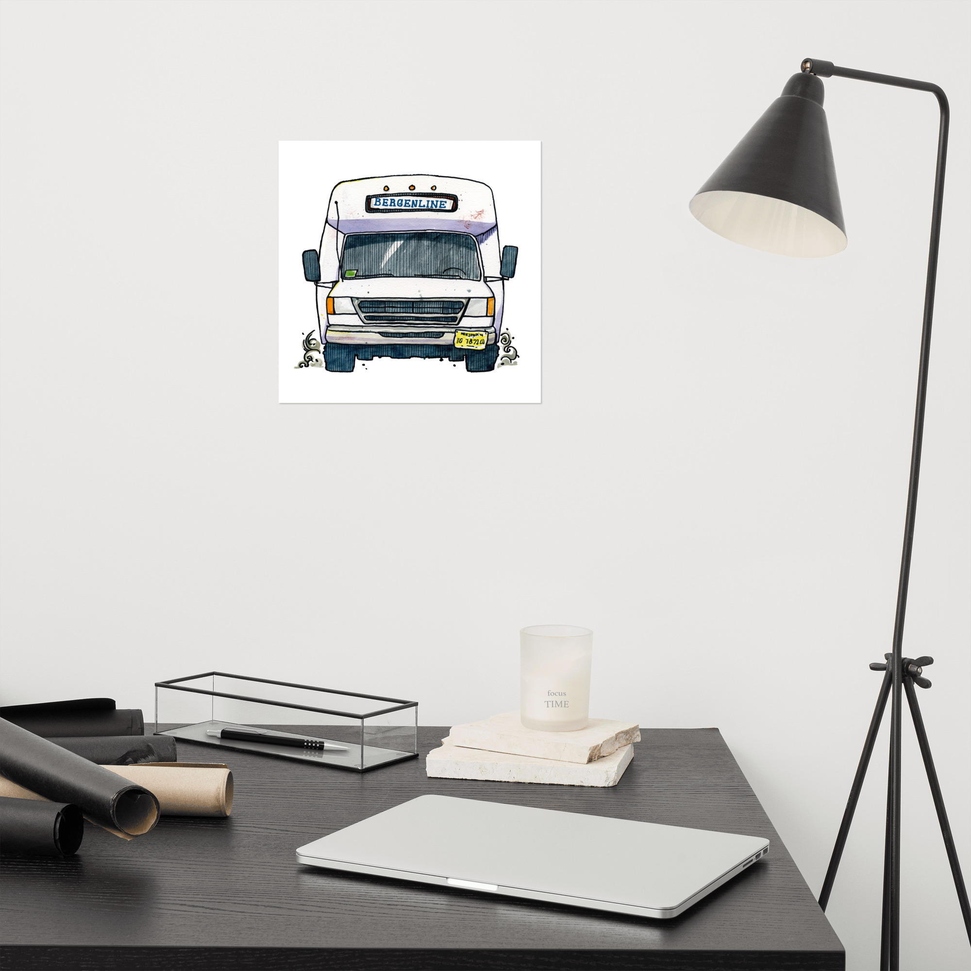 an illustration of a Bergenline jitney dollar bus from Union City, NJ over a desk. Designed by Kenny Velez