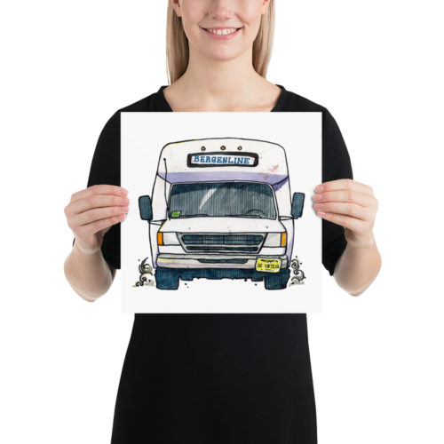 A woman holding a print of an illustration of a Bergenline jitney dollar bus from Union City, NJ. Designed by Kenny Velez