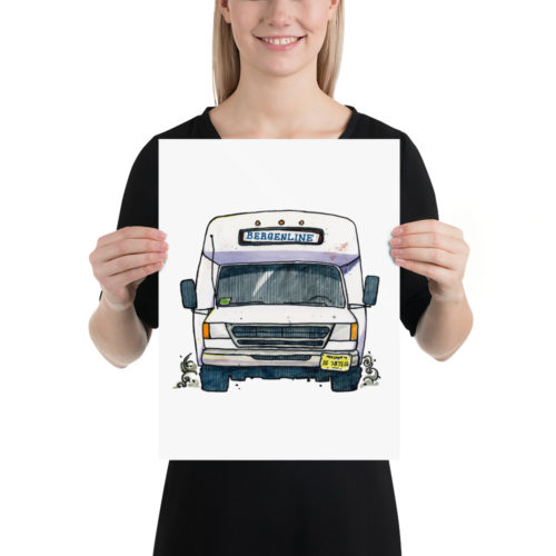 A woman holding a print of an illustration of a Bergenline jitney dollar bus from Union City, NJ. Designed by Kenny Velez