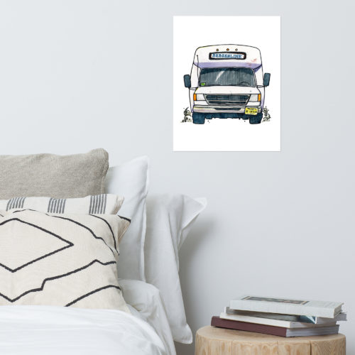 an illustration of a Bergenline jitney dollar bus from Union City, NJ over a bed. Designed by Kenny Velez