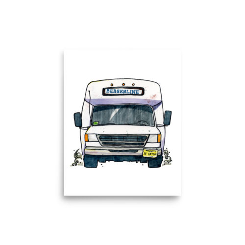 an illustration of a Bergenline jitney dollar bus from Union City, NJ. Designed by Kenny Velez
