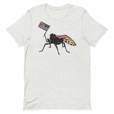 t-shirt with a drawing of a spotted lantern fly waving a USA flag