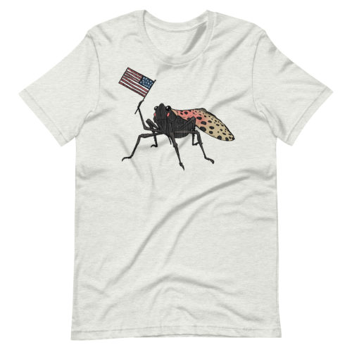 t-shirt with a drawing of a spotted lantern fly waving a USA flag