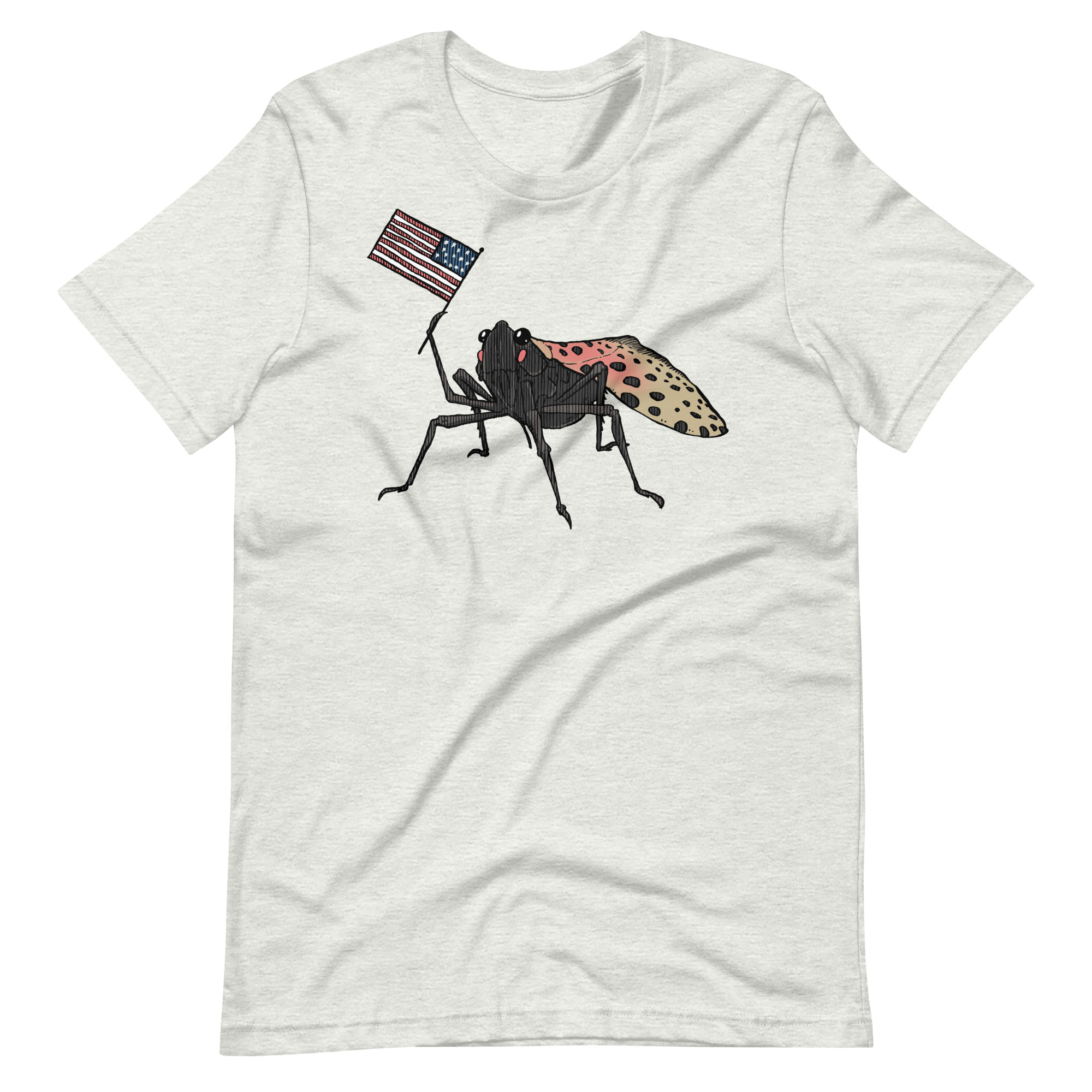 t-shirt with a drawing of a spotted lantern fly waving a USA flag