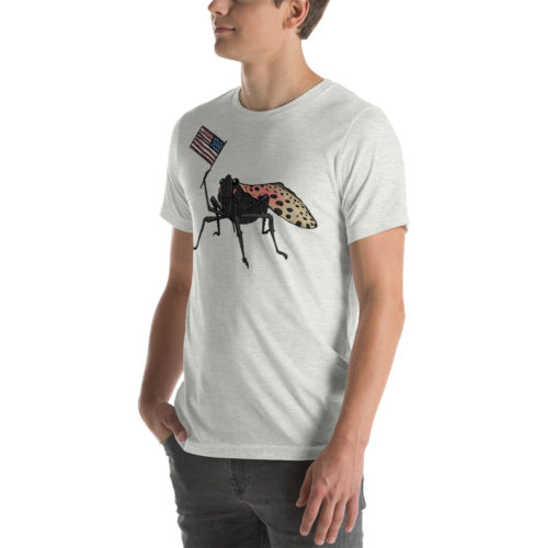 A guy wearing a t-shirt with a drawing of a spotted lantern fly waving a USA flag