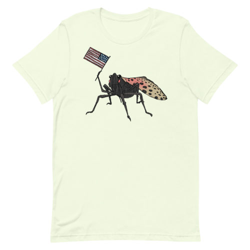 t-shirt with a drawing of a spotted lantern fly waving a USA flag