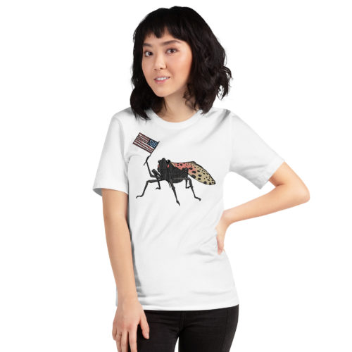 A girl wearing a t-shirt with a drawing of a spotted lantern fly waving a USA flag