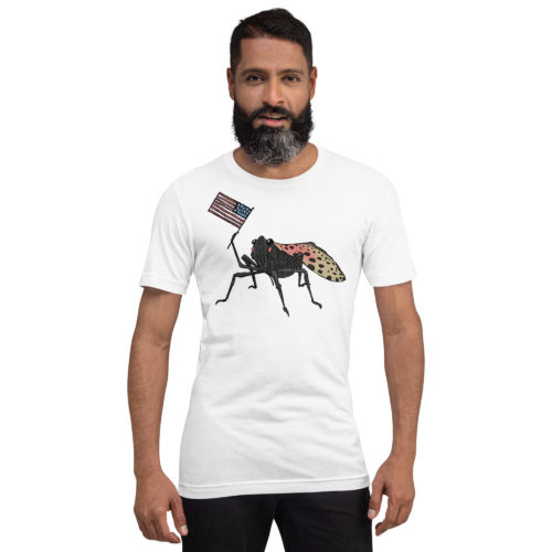A guy wearing a t-shirt with a drawing of a spotted lantern fly waving a USA flag