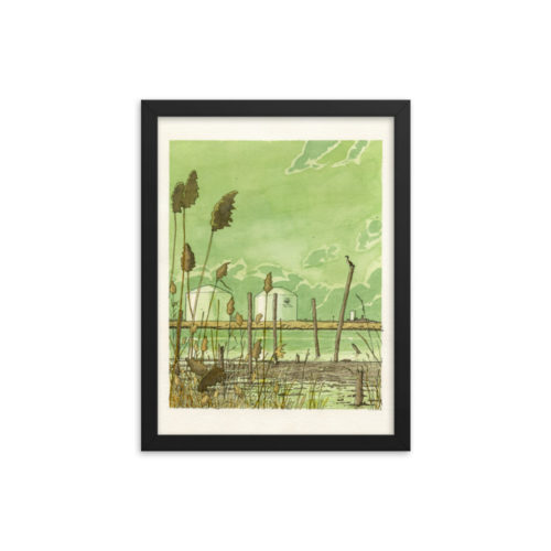 Framed print of a watercolor and pen illustration of the Hackensack River in Mill Creak Point Park in Secaucus, NJ. Designed by Kenny Velez