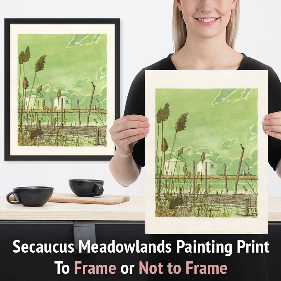 Prints of a watercolor and pen illustration of the Hackensack River in Mill Creak Point Park in Secaucus, NJ. Designed by Kenny Velez