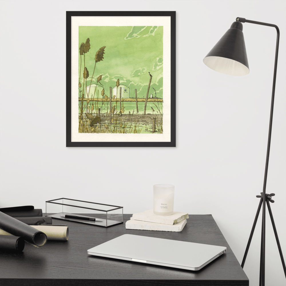 Framed print of a watercolor and pen illustration of the Hackensack River in Mill Creak Point Park in Secaucus, NJ. Designed by Kenny Velez