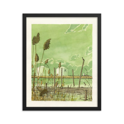 Framed print of a watercolor and pen illustration of the Hackensack River in Mill Creak Point Park in Secaucus, NJ. Designed by Kenny Velez