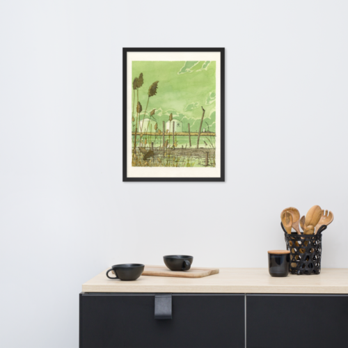 Framed print of a watercolor and pen illustration of the Hackensack River in Mill Creak Point Park in Secaucus, NJ. Designed by Kenny Velez