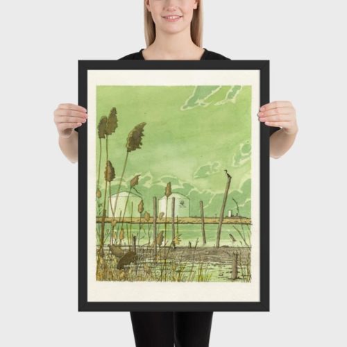 Framed print of a watercolor and pen illustration of the Hackensack River in Mill Creak Point Park in Secaucus, NJ. Designed by Kenny Velez