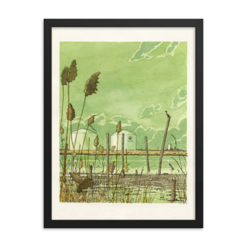 Framed print of a watercolor and pen illustration of the Hackensack River in Mill Creak Point Park in Secaucus, NJ. Designed by Kenny Velez