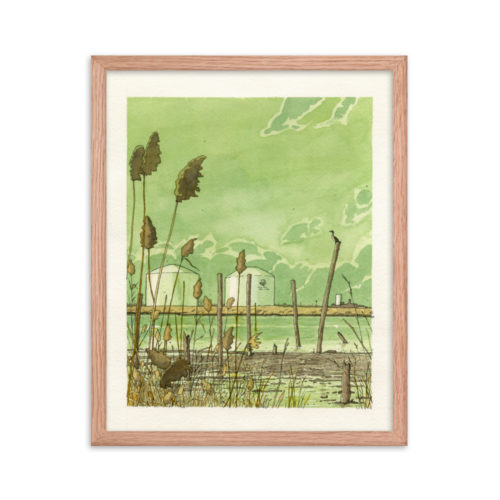 Framed print of a watercolor and pen illustration of the Hackensack River in Mill Creak Point Park in Secaucus, NJ. Designed by Kenny Velez