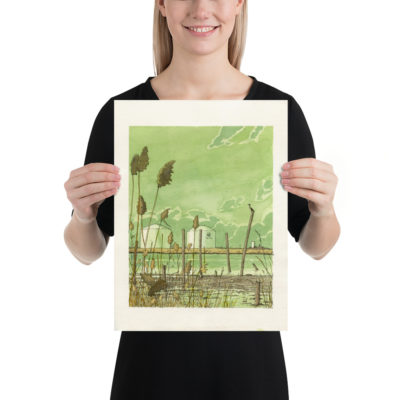 A woman holding a print of a watercolor and pen illustration of the Hackensack River in Mill Creak Point Park in Secaucus, NJ. Designed by Kenny Velez
