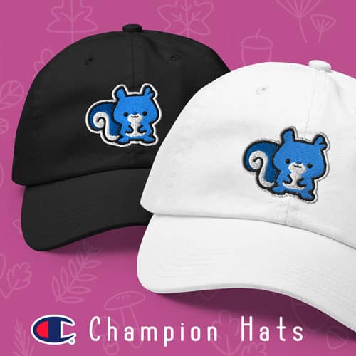 Black and white Champion brand baseball hats with a cute blue embroidered Ma Squirrel